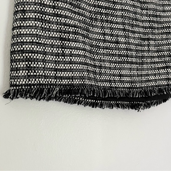 Rebecca Taylor Lamb Leather Trim Linen Tweed Fringe Mini Skirt Grey Black Size 4 - Picture 7 of 9